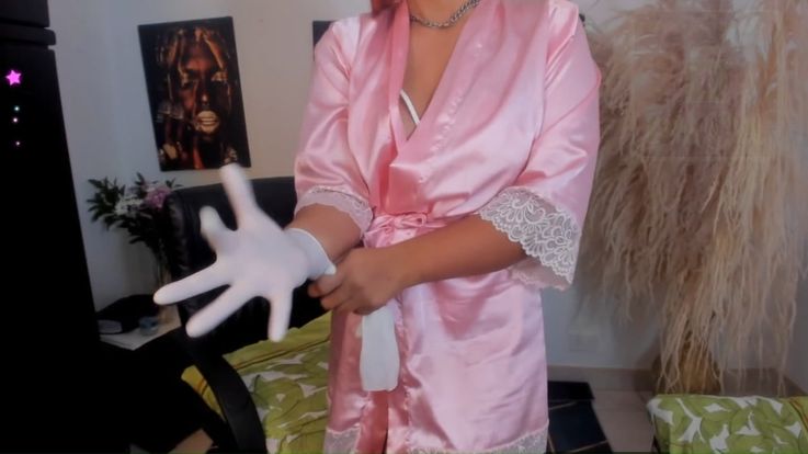Fetish:satin gown + white medical gloves