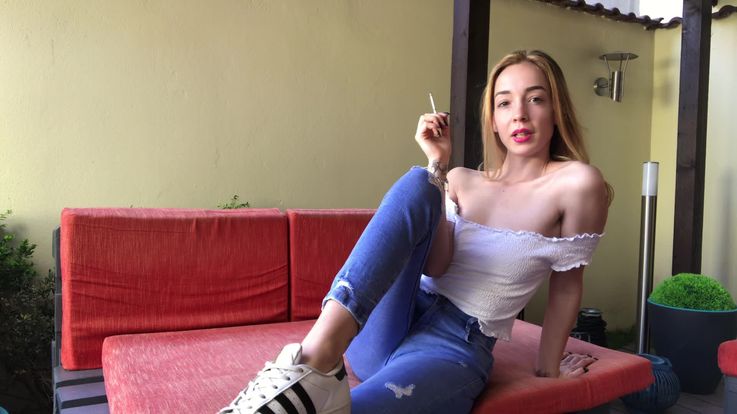 Smoking and topless JOI session outdoors